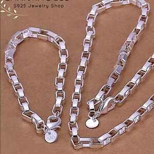 STERLING SILVER BOX CHAIN LINK MATCHING NECKLACE BRACELET SET